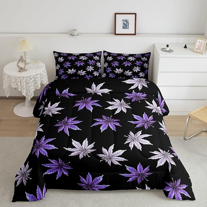 Erosebridal Purple Leaves Comforter Set Full, Leaves Bedding for Kids Teens Adult,Tropical Botanical Down Comforter,Exotic Plant Bedding Comforter Sets,Lightweight