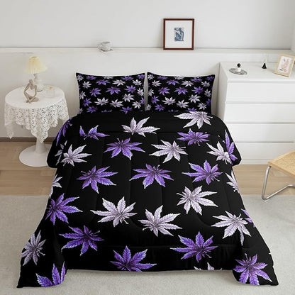 Erosebridal Purple Leaves Comforter Set Toddler, Leaves Bedding for Kids Teens Adult,Tropical Botanical Down Comforter,Exotic Plant Bedding Comforter Sets,Lightweight