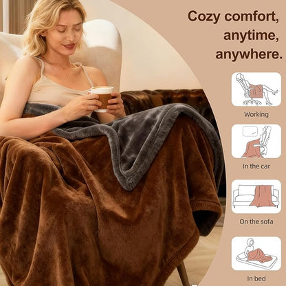 Electric Heated Blanket Throw 50''x60'' – Soft Dual-Sided Flannel, 12 Heat Settings, Smart Timer, ETL & FCC Certified, Machine Washable (Brown & Gray, Single(50"x60"))