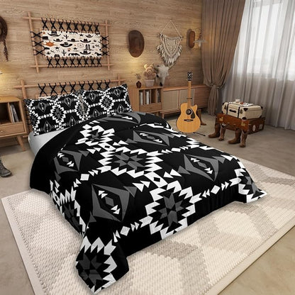 Western Aztec Comforter Set Twin Size, Native American Navajo Bedding Set For Boys Adult Teens, Southwestern Geometric Quilt Ethnic American Native Duvet Insert Rustic Farmhouse Decor, Black White