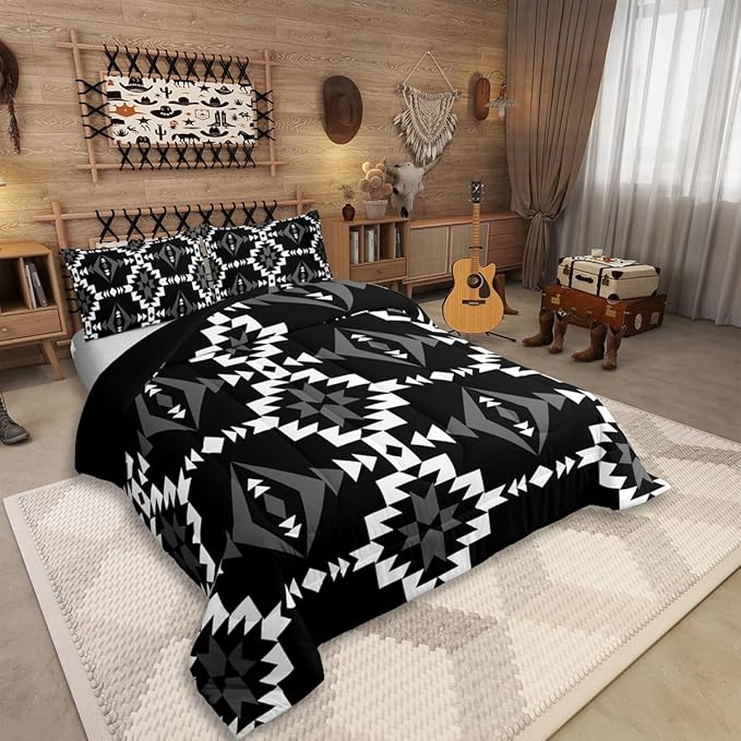 Western Aztec Comforter Set Full Size, Native American Navajo Bedding Set for Boys Adult Teens, Southwestern Geometric Quilt Ethnic American Native Duvet Insert Rustic Farmhouse Decor, Black White