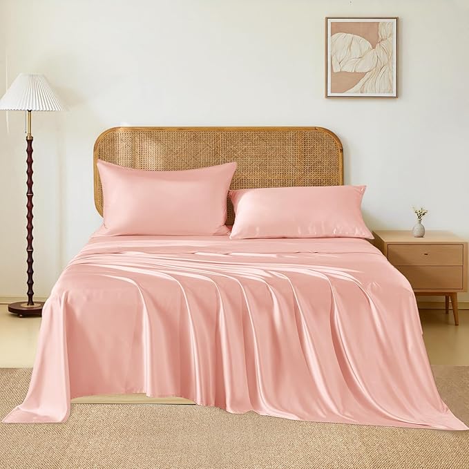 THXSILK Luxury Mulberry Silk Bed Sheets Set - 5pcs Silk Sheets Set 16" Deep Pocket - 2 Fitted Sheets, 1 Flat Sheet, 2 Pillowcases with Zipper Closure - Split King, Charming Pink