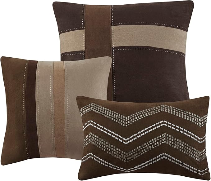 Madison Park Palisades Comforter Set Modern Faux Suede Pieced Stripe Design, All Season Down Alternative Cozy Bedding with Matching Shams, Decorative Pillows, Queen(90"x90"), Brown 7 Piece