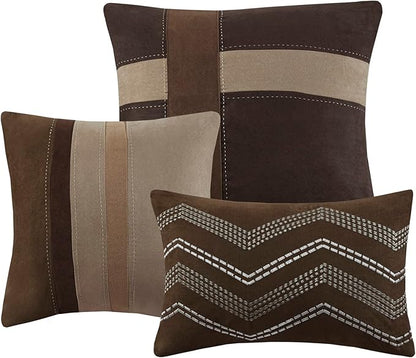Madison Park Palisades Comforter Set Modern Faux Suede Pieced Stripe Design, All Season Down Alternative Cozy Bedding with Matching Shams, Decorative Pillows, Queen(90"x90"), Brown 7 Piece