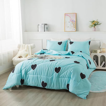 Caressma Love Pattern Girls Comforter Set King Size, Sky Blue Cute Love Heart Print Comforter Bedding Set for All Seasons, Geometric Soft Microfiber 3 Pieces Comforter Set with Pillowcases