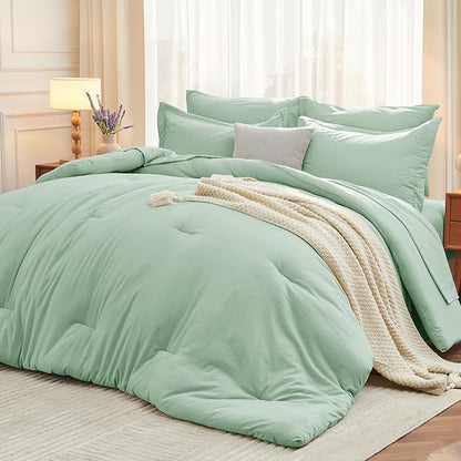MUXHOMO 5 Pieces Twin Comforter Set, Soft Bed in a Bag Twin Size, All Season Bedding Set with Comforter, Flat Sheet, Fitted Sheet, Pillowcases & Shams, Sage Green