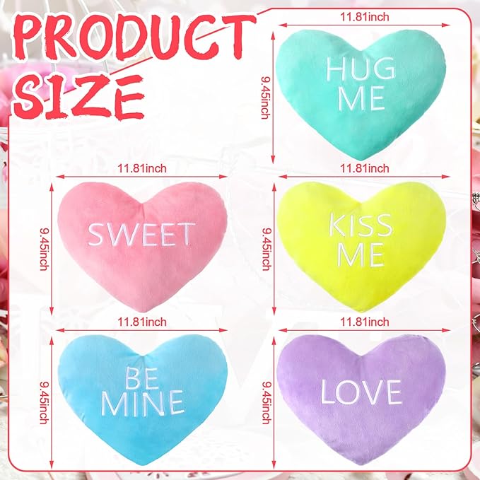 5 Pcs Valentine Heart Shape Pillow Conversation Heart Pillow Candy Cute Love Words Shaped Pillow Soft Throw Pillow Plush Cushion for Girls Friends Children Gift Living Dining Room