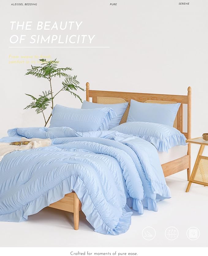 Light Blue Twin Comforter Set, Seersucker Vintage Comforter Ultra-Soft Blue Bedding Set Twin Size 3 Piece Set, Down Alternative Lightweight Comforter Set (Blue, Twin 68"x90")