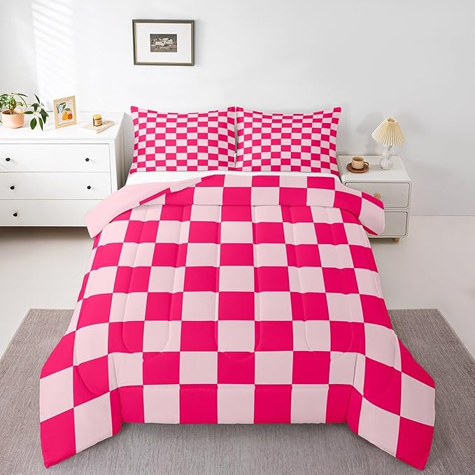 Feelyou Checkered Bedding Set Teen Women Boho Modern Cute Aesthetic Decorative Girly Comforter Set Full Size Kids Boys Girls Geometric Chic Duvet Insert Pink White Plaid Room Decor