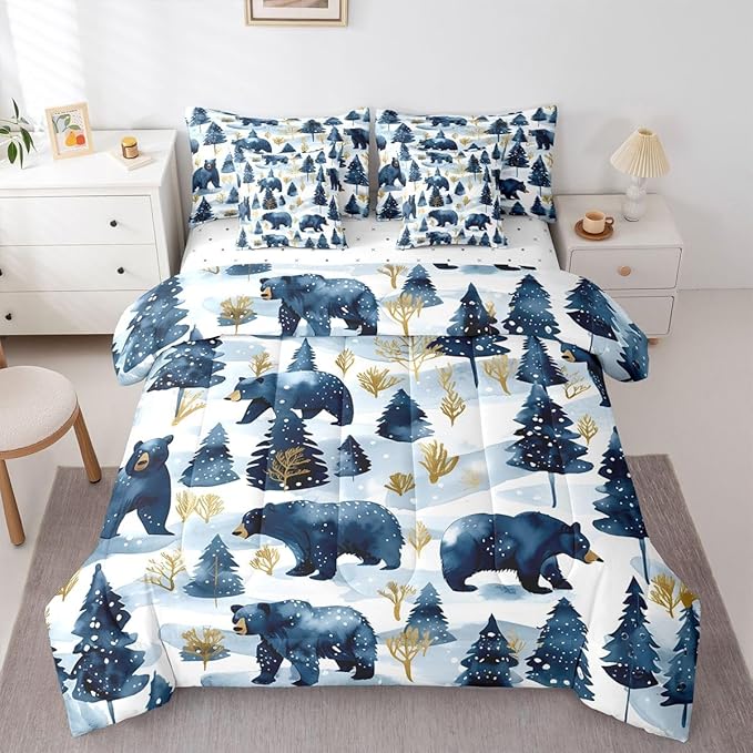 Erosebridal Rustic Bear Bed in A Bag Twin | Jungle Hunting Farmhouse Wildlife 7 Piece Comforter Set Wild Animals Sheet Set Winter Snowflakes Pine Trees Fitted Sheet Breathable Lightweight