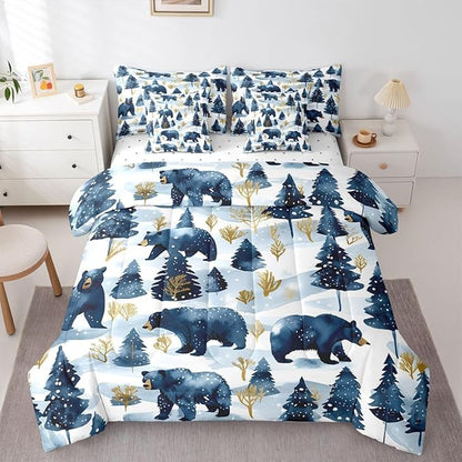 Erosebridal Rustic Bear Bed in A Bag Twin | Jungle Hunting Farmhouse Wildlife 7 Piece Comforter Set Wild Animals Sheet Set Winter Snowflakes Pine Trees Fitted Sheet Breathable Lightweight