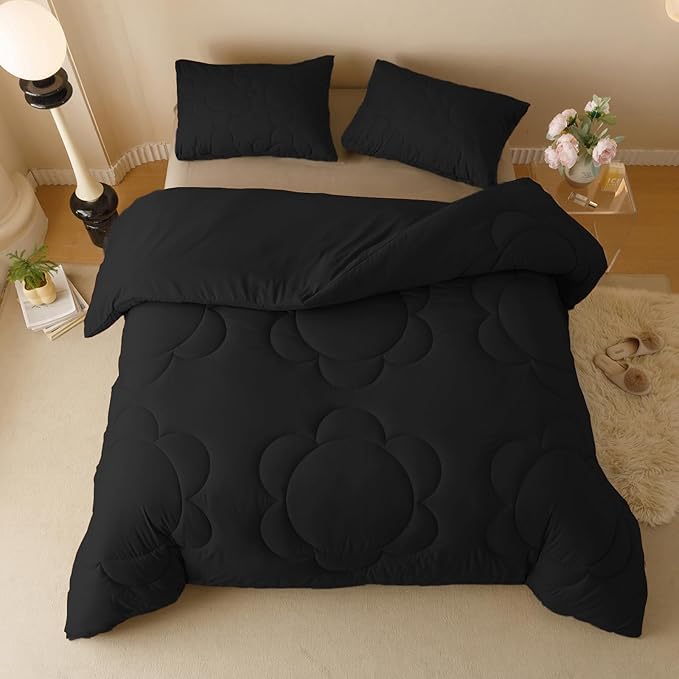 CLOTHKNOW Black Queen Comforter Set 3Pcs Daisy Puff Bedding Comforter Sets Boho Black Comforter Queen Size