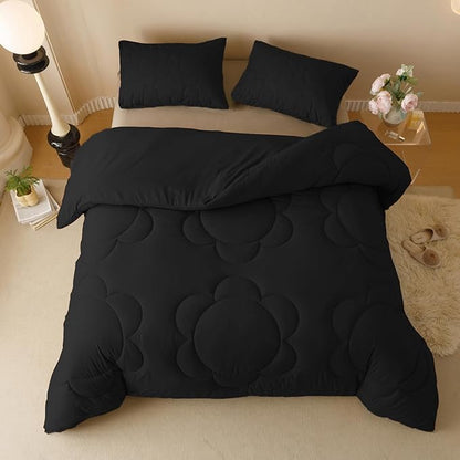 CLOTHKNOW Black Queen Comforter Set 3Pcs Daisy Puff Bedding Comforter Sets Boho Black Comforter Queen Size