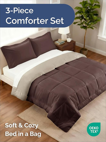 King Comforter Set - 3 Piece Bed Set for All Seasons - 1 Soft Quilted Comforter with Corner Tabs & 2 Pillow Shams - Comfy & Breathable - Premium Down Duvet Insert - Oeko-TEX - King Size, Brown/Beige