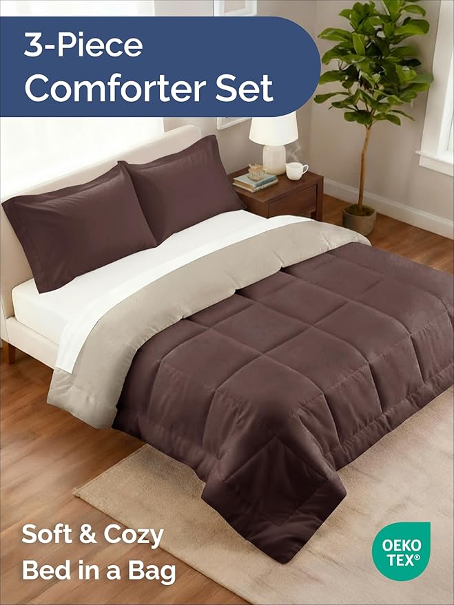 Full Comforter Set - 3 Piece Bed Set for All Seasons - 1 Soft Quilted Comforter with Corner Tabs & 2 Pillow Shams - Comfy & Breathable - Premium Down Duvet Insert - Oeko-TEX - Full Size, Brown/Beige