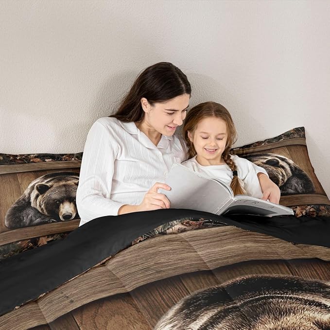 Erosebridal Grizzly Bear Comforter Set Rustic Hunting Bear Toddler Bedding Sets Kids Boys Teen Men Farmhouse Cabin Comforter Wildlife Animal Black Brown Quilt Duvet 2 Pcs