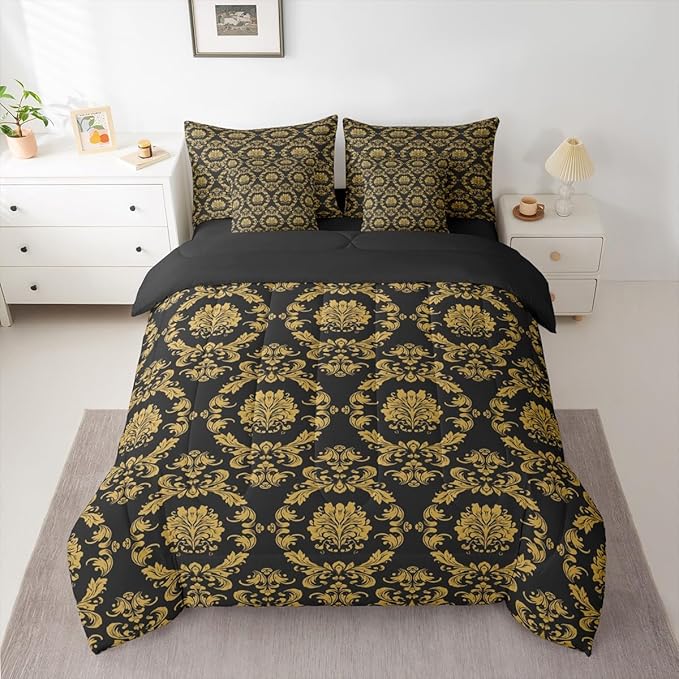 Erosebridal Black and Gold Damask Bed in a Bag King Size Comforter Set 7-Piece | Victorian Decor Gothic Vintage Floral Bedding Sets Baroque Goth Comforter and Sheet Set, Luxury Bohemian Room Decor