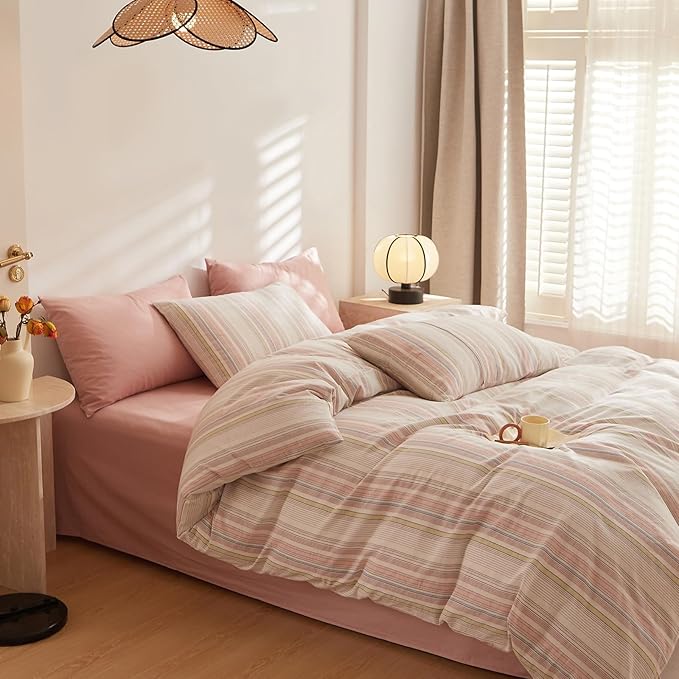 HighBuy King Comforter Set Fluffy White and Pink Striped Bedding Stripes Comforter Set Modern Chic Geometric Comforter with 2 Pillow Shams Stripe Bedding Comforter for Boys Girls All Season