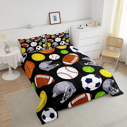 Feelyou Basketball Comforter Set King Size Sports Game Comforter for Boys Girls Teens Baseball Bedding Set Football Duvet Set Room Decor Carbon Black Mixed Ball Quilt Set