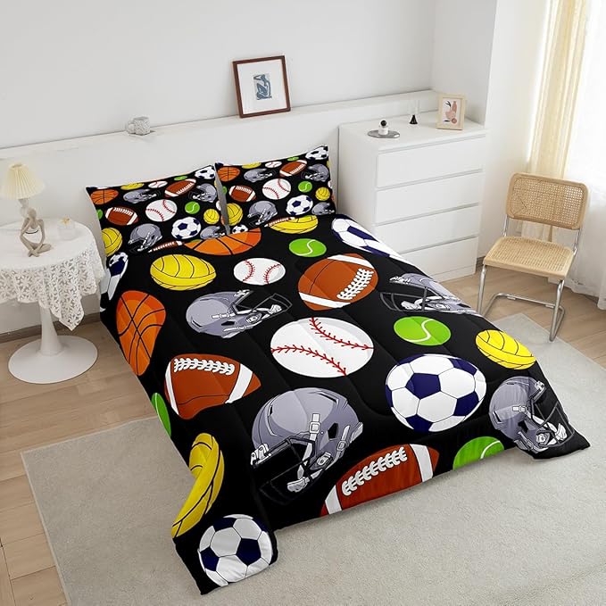 Feelyou Basketball Comforter Set Queen Size Sports Game Comforter for Boys Girls Teens Baseball Bedding Set Football Duvet Set Room Decor Carbon Black Mixed Ball Quilt Set