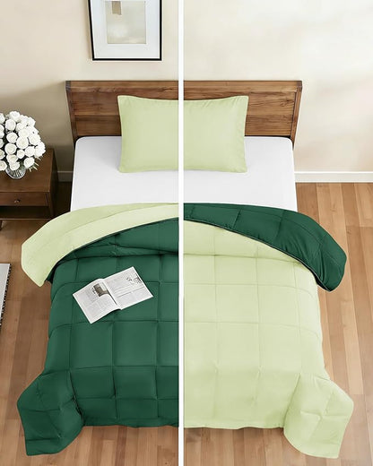 Twin XL Comforter Set - 2 Piece Bed Set for All Seasons - 1 Soft Quilted Comforter with Corner Tabs & 1 Pillow Sham - Comfy & Breathable - Premium Down Duvet Insert - Twin XL Size, Emerald/Light Sage