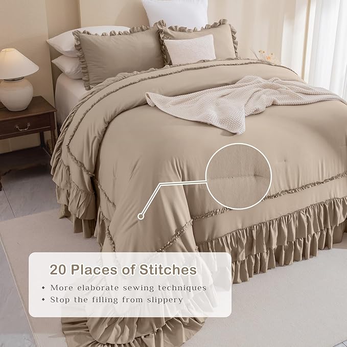 Masaca Ruffled Oversized King Comforter 128x120,3 Pieces Vintage Farmhouse Shabby Bedding Set Lightweight Ultra Soft French Country Light Taupe Bedding (1 Ruffle Comforter +2 Pillowcases)