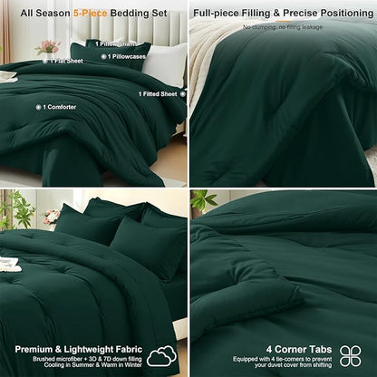 Twin Comforter Set 5 Piece - Soft Bed in a Bag Queen Size Comforter Sets, Cozy Luxury Bedding Sets with All Season Comforter, Flat Sheet, Fitted Sheet,Pillowcases & Shams, Dark Green