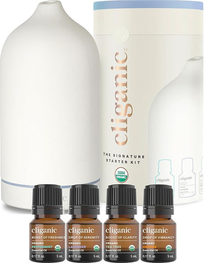 Cliganic Signature Essential Oils Diffuser Set – Aromatherapy Humidifier with LED for Home, Office & Bedroom Includes Peppermint, Lavender, Tea Tree & Orange Essential Oils Christmas Gift Kit