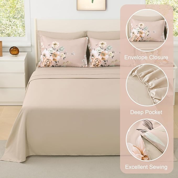 Floral King Size Comforter Set - 7 Piece Botanical Dusty Pink Flower Bed in a Bag Ulter Soft Microfiber Bedding Set, Lightweight Bed Comforter Set with Sheets for All Season (Dusty Pink, King)