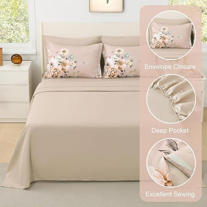 Floral King Size Comforter Set - 7 Piece Botanical Dusty Pink Flower Bed in a Bag Ulter Soft Microfiber Bedding Set, Lightweight Bed Comforter Set with Sheets for All Season (Dusty Pink, King)