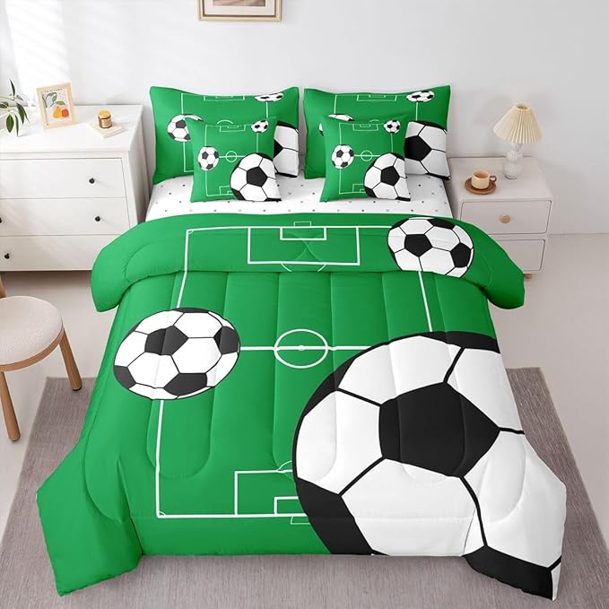 Erosebridal Football 7 Piece Bedding Set Full Boys Sports Theme Comforter Set with Sheets Soccer Ball Pattern Playground Bed in a Bag Football Court Green White for Kids Boys Girls