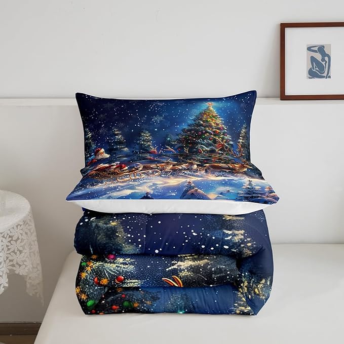 Santa Clause Elk Sleigh Comforter Set Queen Size,Christmas Tree Bedding Set for Kids Girls Boys Teens Room Decor,Winter Snow Night Quilt Set Vintage Art Painting Duvet Insert,2 Pillowcases