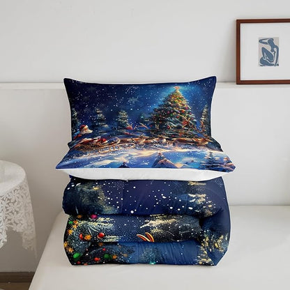 Santa Clause Elk Sleigh Comforter Set Queen Size,Christmas Tree Bedding Set for Kids Girls Boys Teens Room Decor,Winter Snow Night Quilt Set Vintage Art Painting Duvet Insert,2 Pillowcases