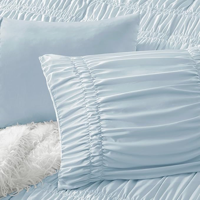 Intelligent Design Ruched Shabby Chic Comforters for King Size Bed, All Season Lightweight Comforter King, French Country Bedding Set, Sham, Ella, King/Cal King, Blue, 3 Piece