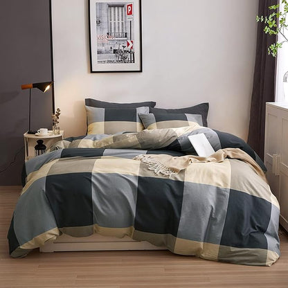 VM VOUGEMARKET Plaid Comforter Set Twin,3 Pieces Black Gray Grid Bedding Comforter with 2 Pillowcases Modern Simple Farmhouse Down Comforter Set for Teen Boys
