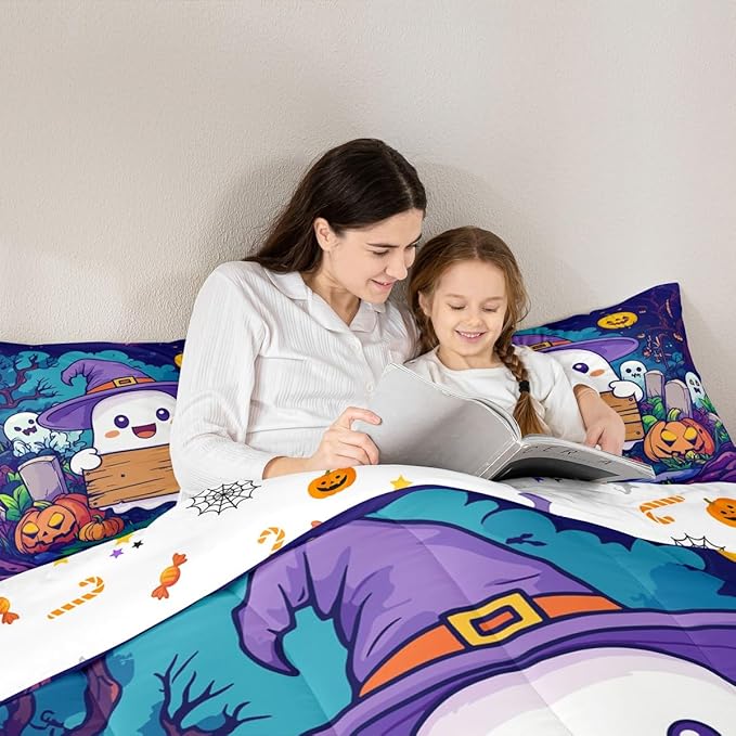 Erosebridal Kids Halloween Full Bedding Set, Cute Ghost Comforter Set Spooky Halloween Decor Comforter for Boys Girls Teens Youth Adults Bedroom, Pumpkin Lantern Cartoon Graveyard Gothic Quilt