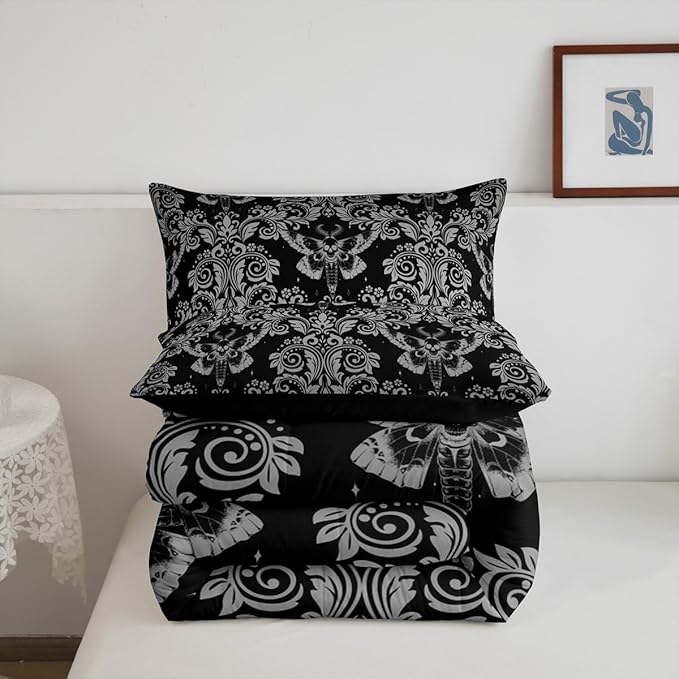 Feelyou Adults White Black Vintage Damask Floral Comforter Set Oriental Antique Comforter Twin Size Gothic Bohemia Boho Flower Bedding Set Gothic Skull Duvet Set Quilt Set 2Pcs