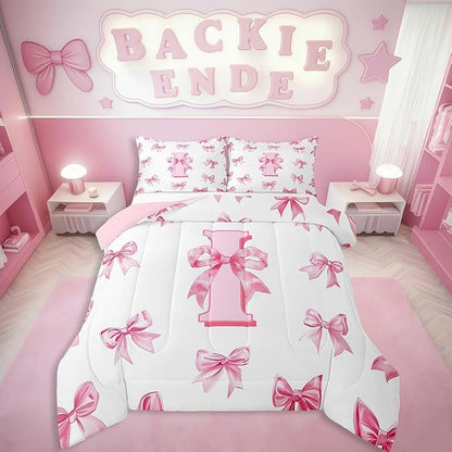 Erosebridal Initial Letter I Comforter Set for Kids,Dreamy Princess Bow Girls Toddler Bedding Set Cute Kawaii Bowknot Bedding Comforter Sets Girly Lovely Letter Bow Bed Set with 1 Pillow Case