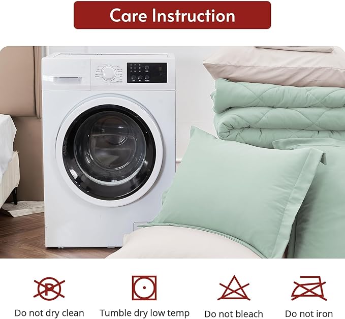 MUXHOMO 7 Pieces Queen Comforter Set, Reversible Bed in a Bag Queen Size, All Season Bedding Set with Comforter, Flat Sheet, Fitted Sheet, Pillowcases & Shams, Sage Green & Beige
