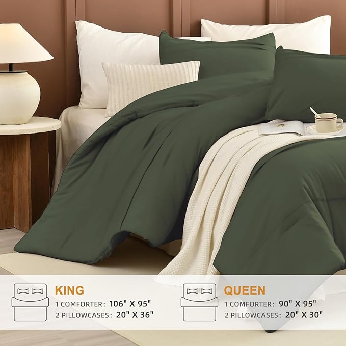 Sanracie King Comforter Set(106"x 95"), Cotton Olive Green Color Pinch Pleated Bedding Sets,3Pcs Lightweight Breathable Neutral Comforter Sets for All Season