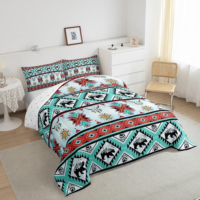 Erosebridal Black Bear Bedding Sets Exotic Bull Skull Western Comforter Set Twin,Ethnic Tribe Arrow Aztec Quilt Indian Tribal Geometric Diamond Triangle Duvet Insert,Bohemian Western Decor,Red Teal