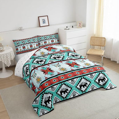 Erosebridal Black Bear Bedding Sets Exotic Bull Skull Western Comforter Set Twin,Ethnic Tribe Arrow Aztec Quilt Indian Tribal Geometric Diamond Triangle Duvet Insert,Bohemian Western Decor,Red Teal