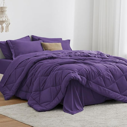 Love's cabin California King Comforter Set Purple, 7 Pieces California King Bed in a Bag, All Season Bedding Sets with 1 Comforter, 1 Flat Sheet, 1 Fitted Sheet, 2 Pillowcase and 2 Pillow Sham