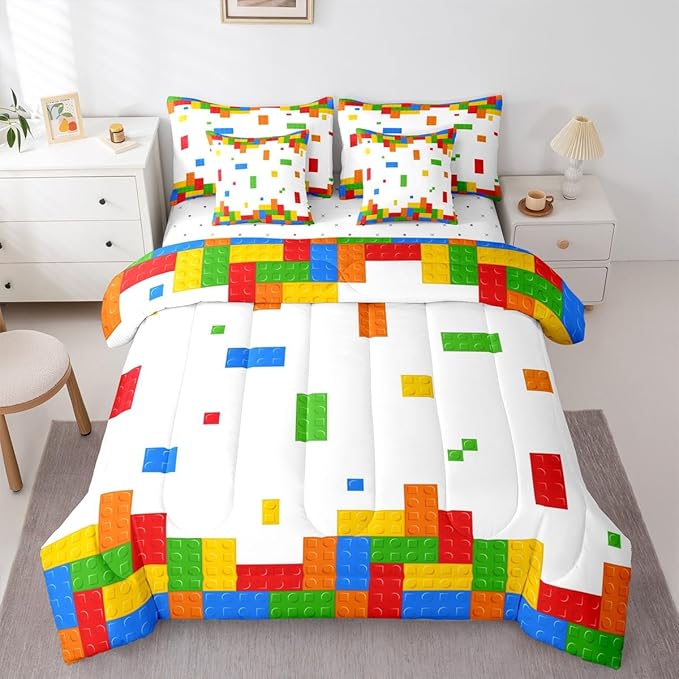 Boys Construction Kids Bedding Sets King Size 7 Pcs,Building Block Gaming Comforter Set for Girls Boys Room Decor,Cartoon Watercolor Brick Fitted Flat Sheet with 2 Throw Pillow Covers 2 Pillowcases