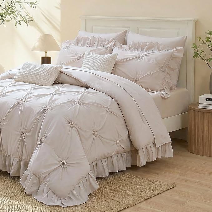 Bedbay Beige Ruffle Comforter Set King Size Ruched Bedding 9 Pcs King Bed in a Bag Pintuck Pinch Pleat Bedding Set Elegant Ruffle Farmhouse Boho Comforter Bed Set for All Seasons