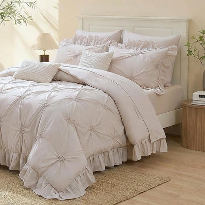 Bedbay Beige Ruffle Comforter Set Queen Size Ruched Bedding 9 Pcs Queen Bed in a Bag Pintuck Pinch Pleat Bedding Set Elegant Ruffle Farmhouse Boho Comforter Bed Set for All Seasons