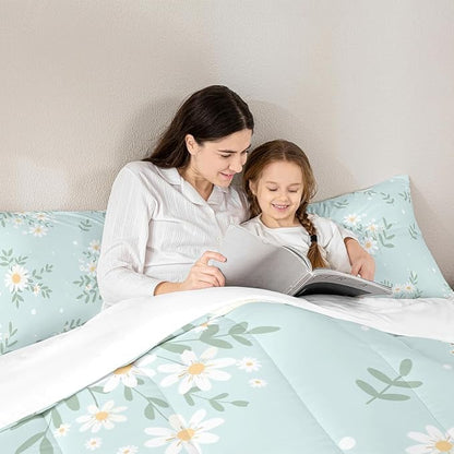 Manfei White Daisy Comforter Set King Size, Green Leaves Quilt Set with 2 Pillowcases, Botanical Garden Artwork Bedding Set 3pcs for Kids Boys Girls Bedroom Decor Lightweight Duvet Insert