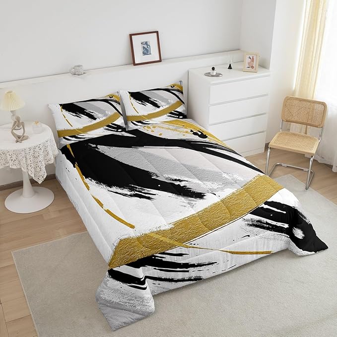 Erosebridal Black Grey Gold Comforter Set Queen Brush Strokes Oil Painting Bedding Set, Gradient Abstract Vintage Bedding Comforter Sets Ombre Graffiti Duvet Set, Contemporary Modern Quilted Comforter
