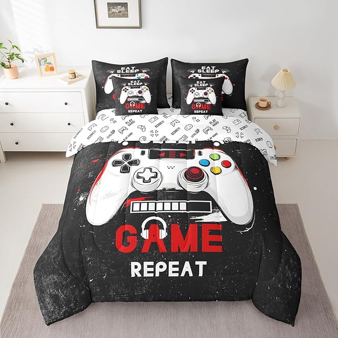 jejeloiu Eat Sleep Game 7 Piece Bedding Set King Size Cartoon Gamer Comforter Set with Sheets for Kids Boys Girls Modern Game Bed in a Bag Black Red Bed Set