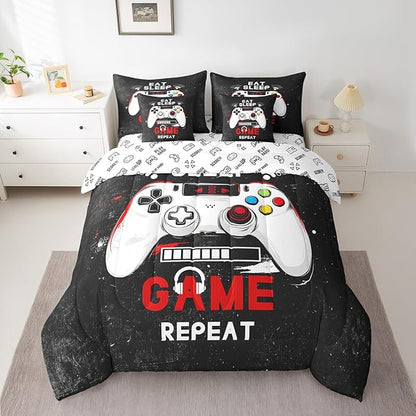 jejeloiu Eat Sleep Game 7 Piece Bedding Set King Size Cartoon Gamer Comforter Set with Sheets for Kids Boys Girls Modern Game Bed in a Bag Black Red Bed Set